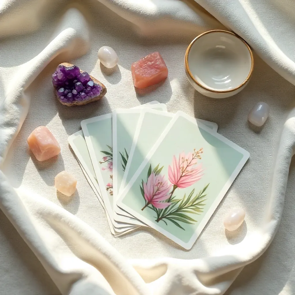 Calm Flat Lay: Tarot, Crystals, and a Decorative Dish