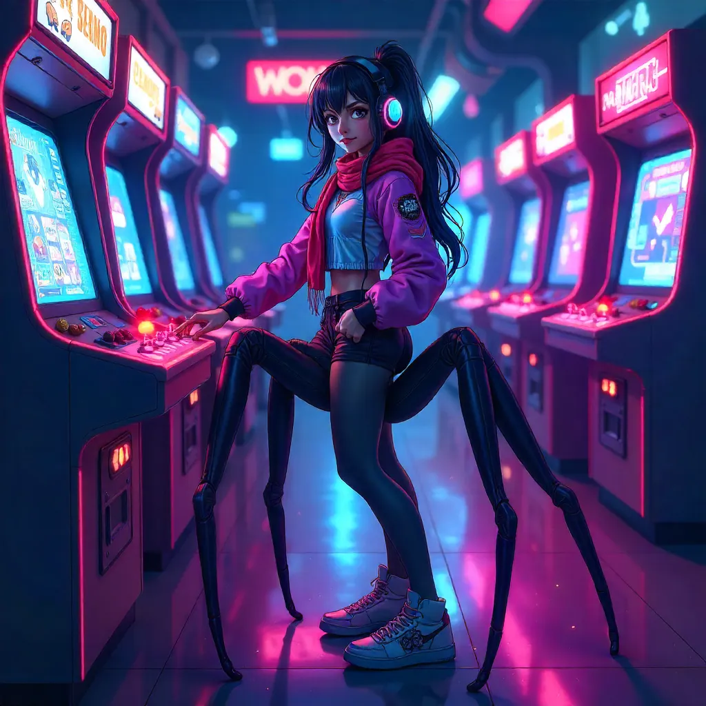 An Anime Spider in a Neon Arcade