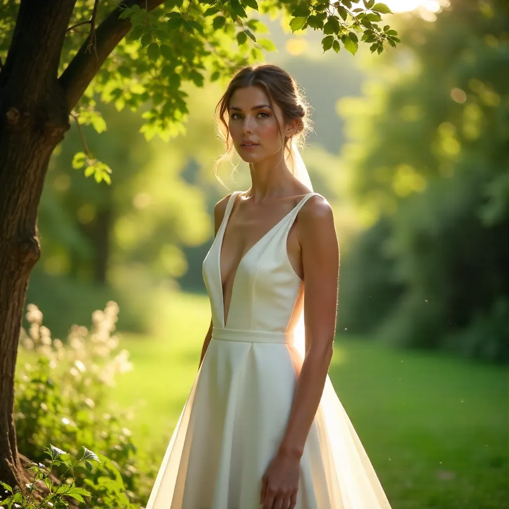 Elegant Bride in a Simple White Dress Under Leafy Trees