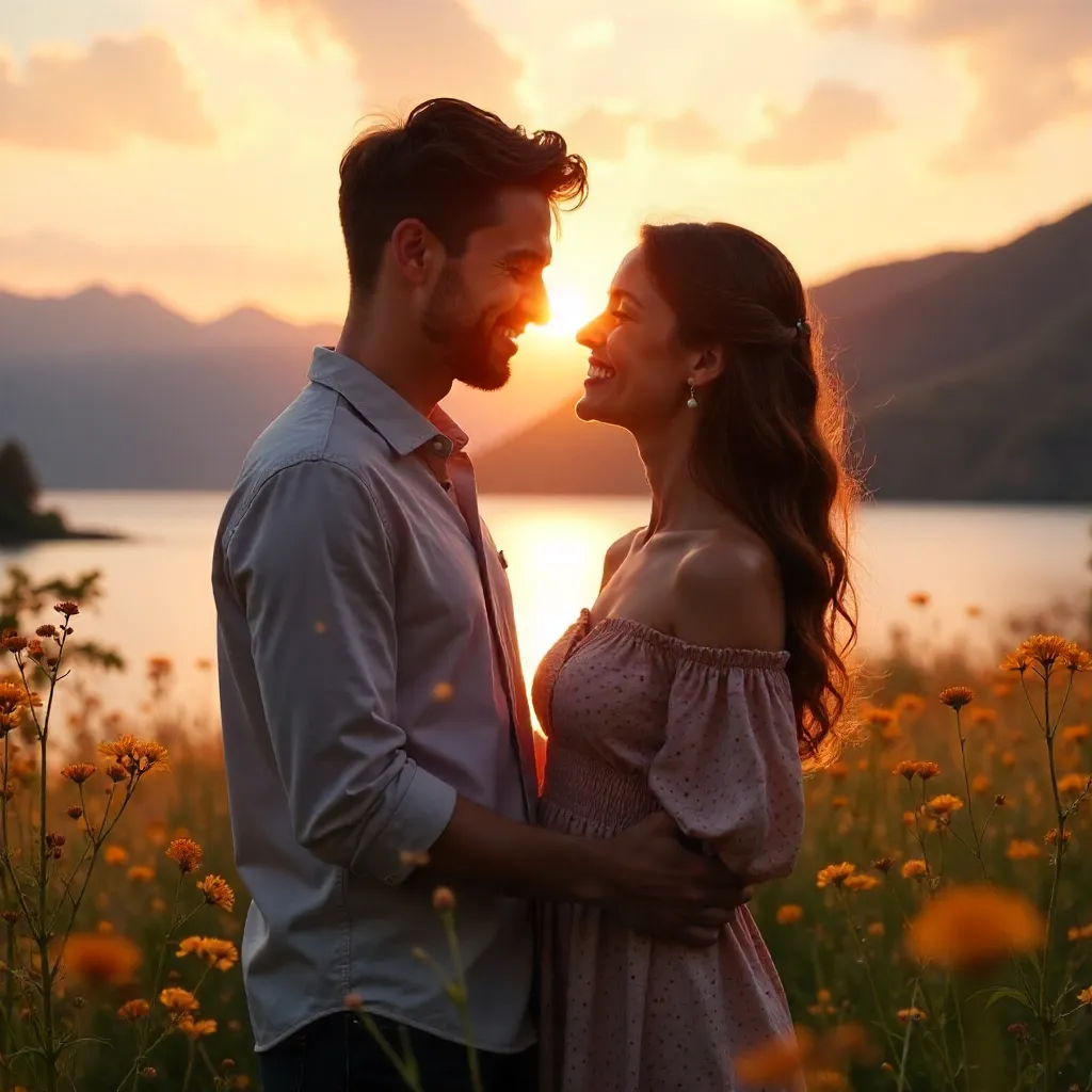 Sunset Embrace: A Young Couple in Golden Light