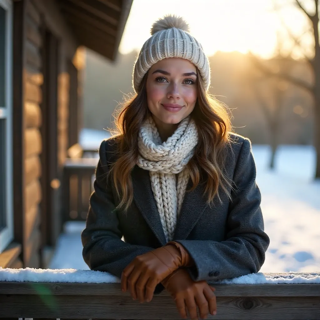 Sunny Winter Portrait on a Wooden Balcony