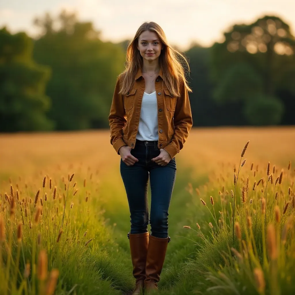 Young Woman in a Brown Jacket in a Field