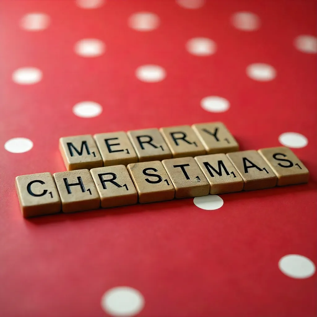 Merry Christmas Scrabble Tiles on Red Polka Background