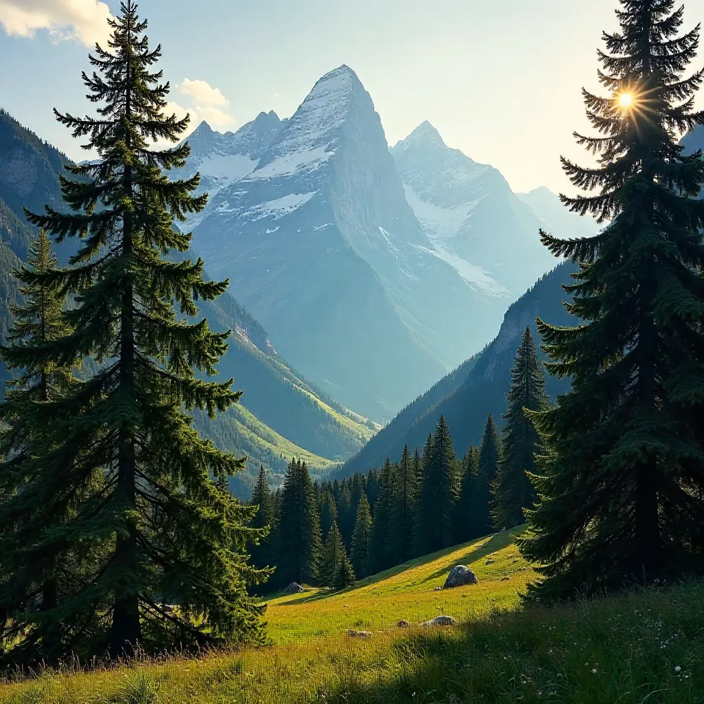 Tall Pines of Kandersteg with Peaks Peeking Through