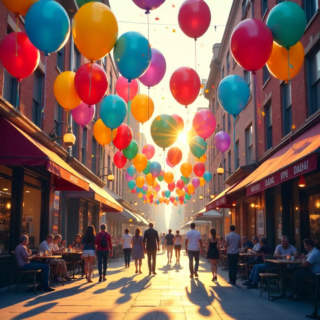 Vibrant Balloons Over a Bustling City Street