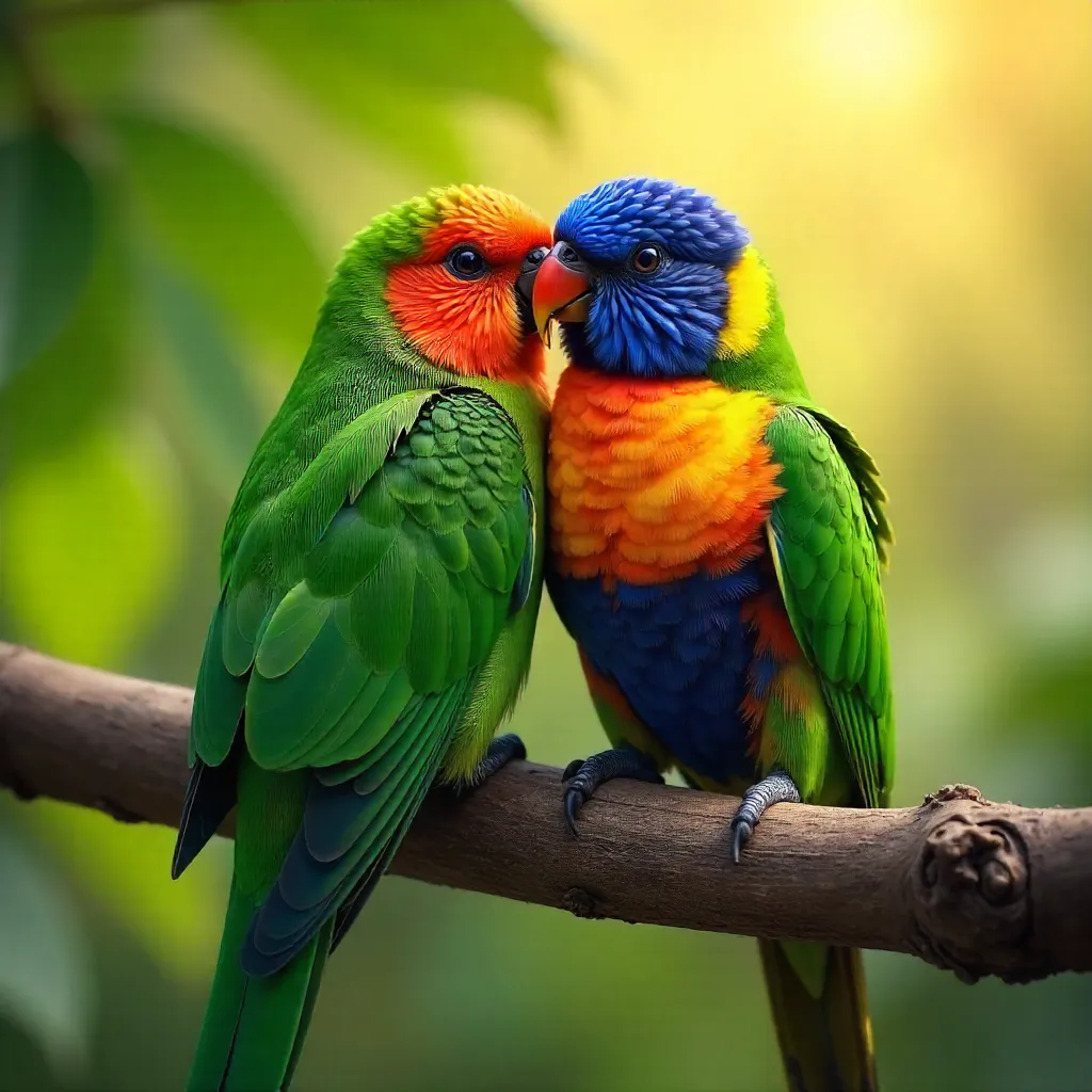 Two Colorful Lovebirds on a Wooden Branch