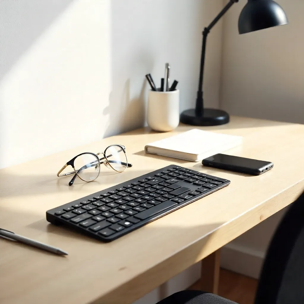 Sleek Minimalist Desk with Phone, Keyboard, Glasses
