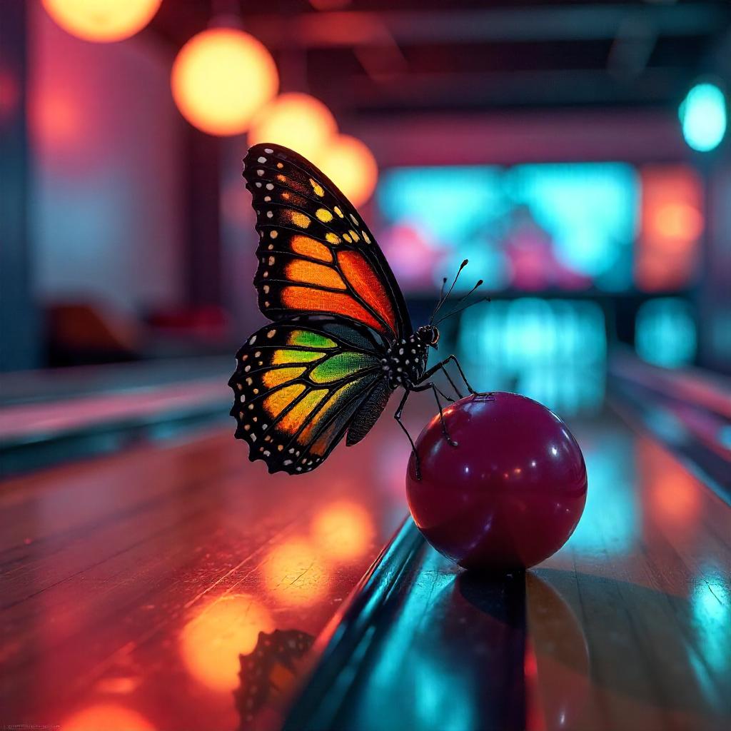 Photorealistic butterfly in a neon bowling alley