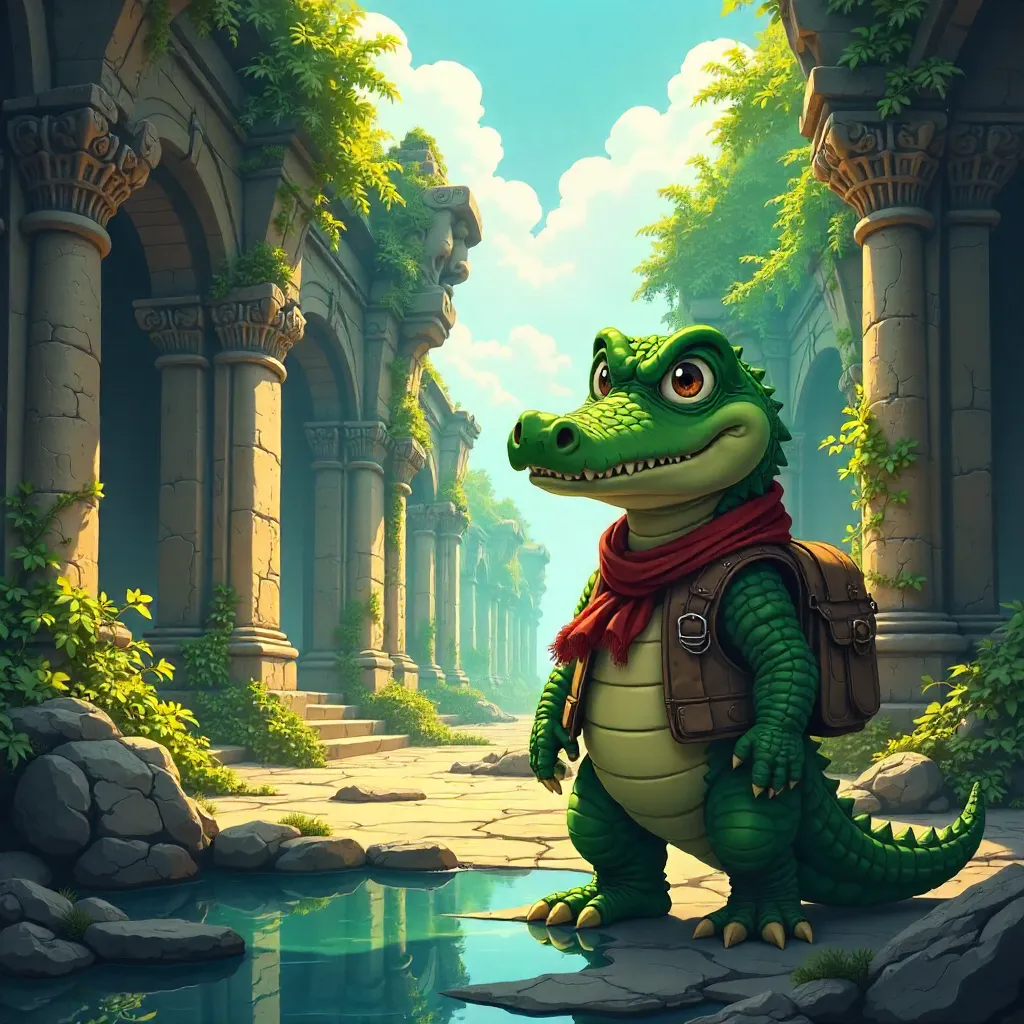 Crocodile Adventurer in Anime Temple Ruins