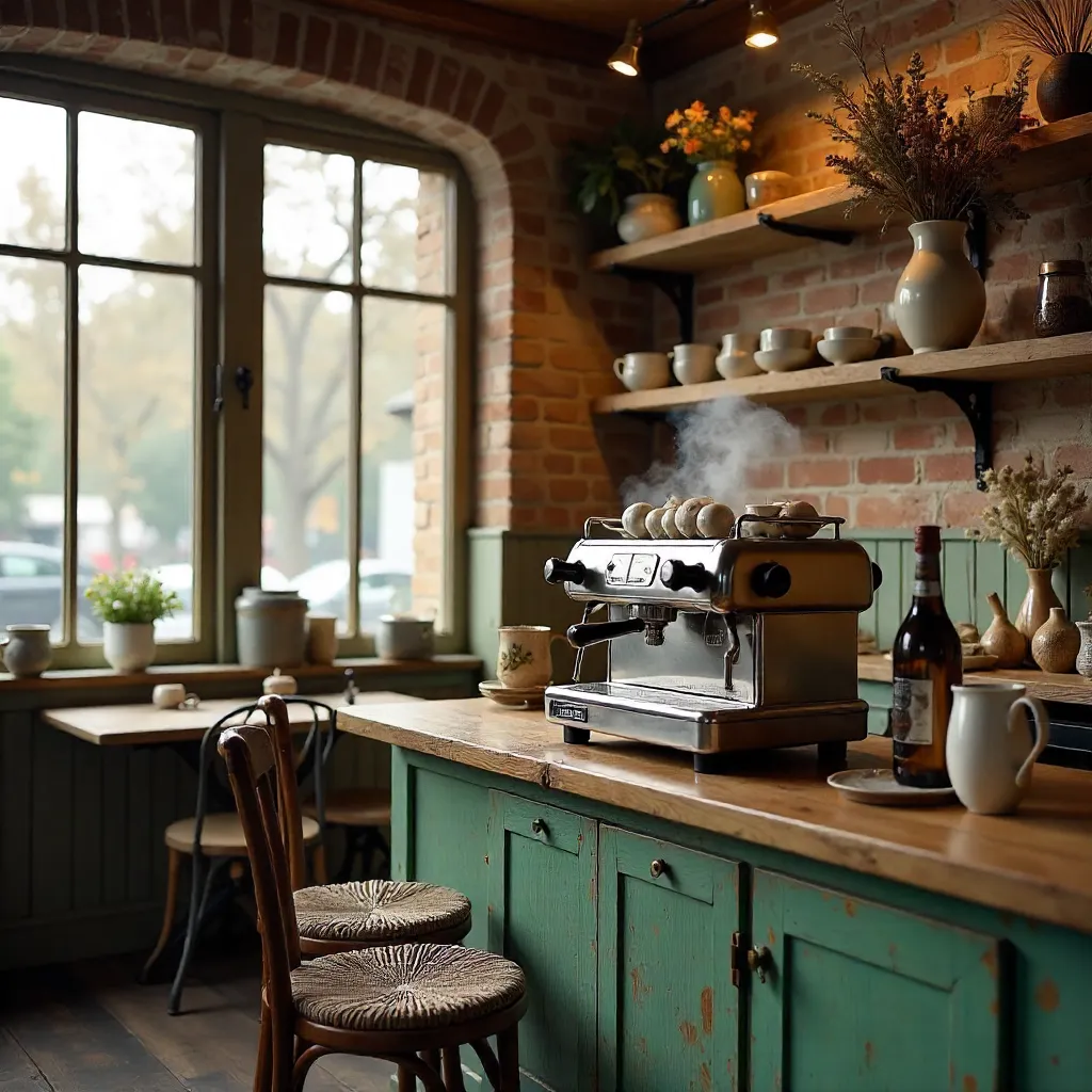 Charming Rustic Café with Coffee Machine and Vases