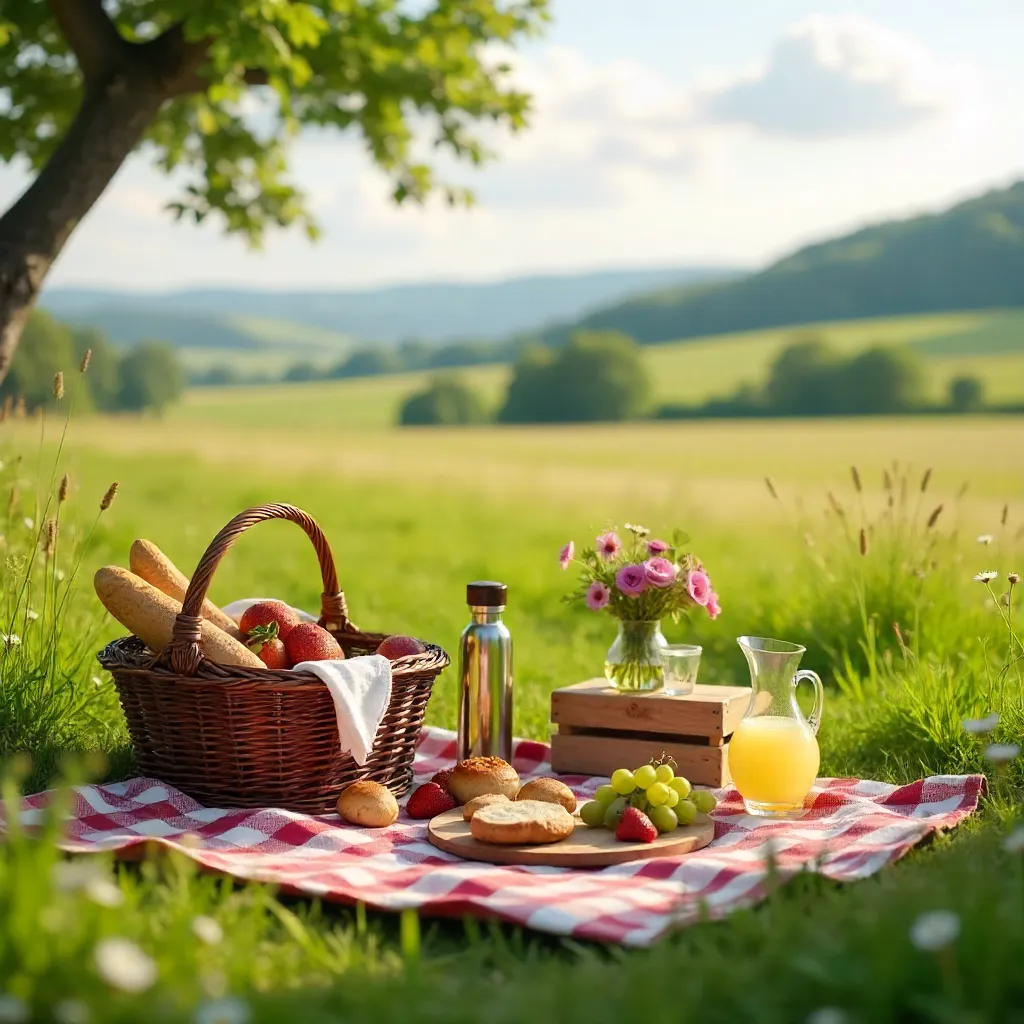 Golden Hour Picnic Under a Sunshade in Meadow