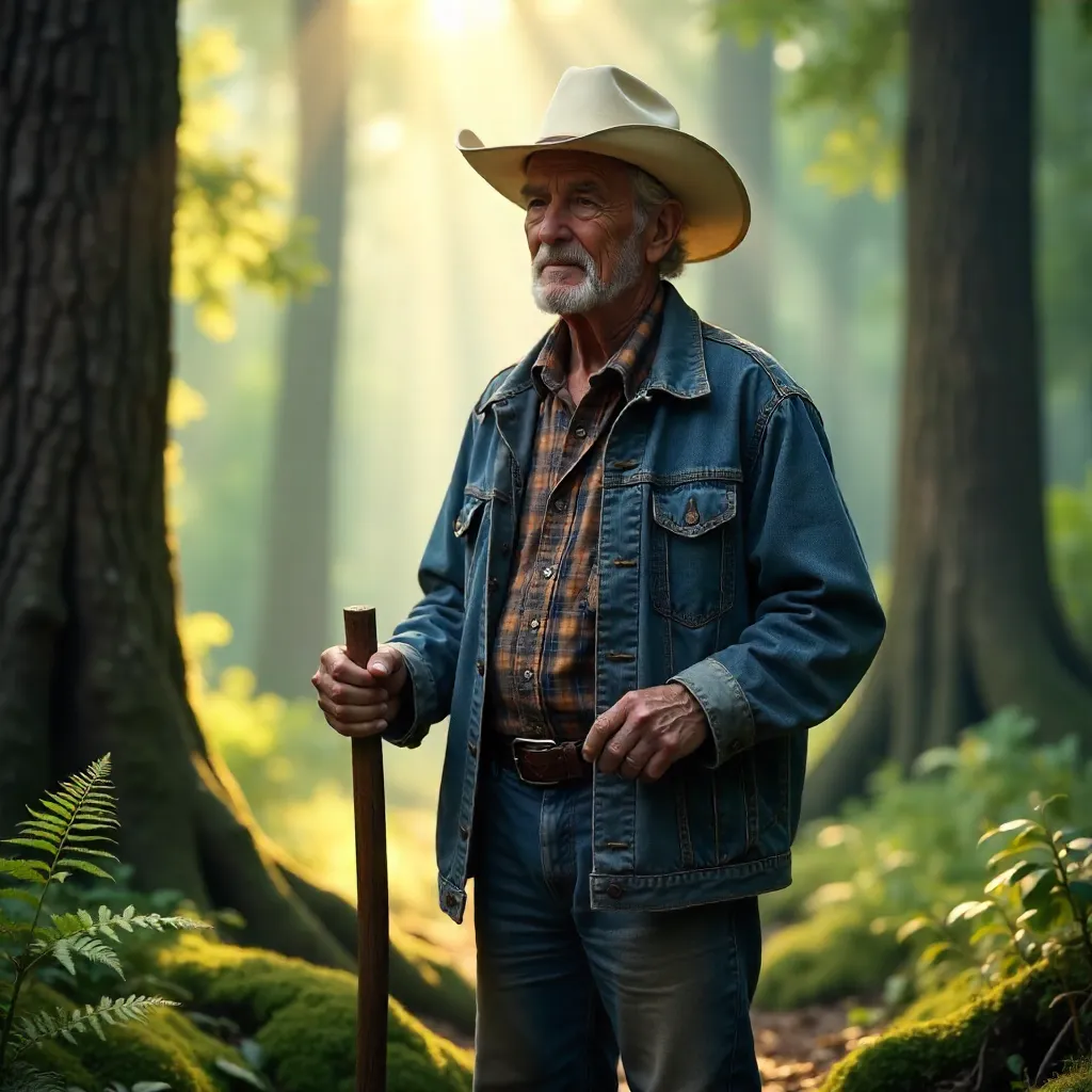 Elderly Cowboy in a Lush Green Forest