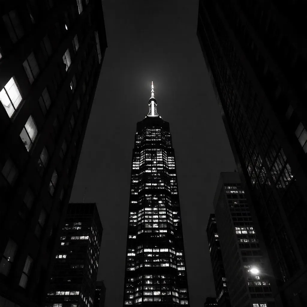 Central Bright Skyscraper in Night City (BW)
