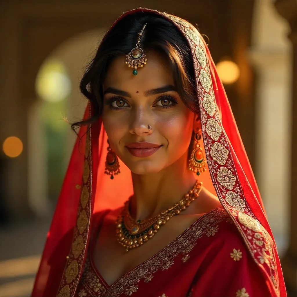 Red Veiled South Asian Portrait with Intricate Embroidery