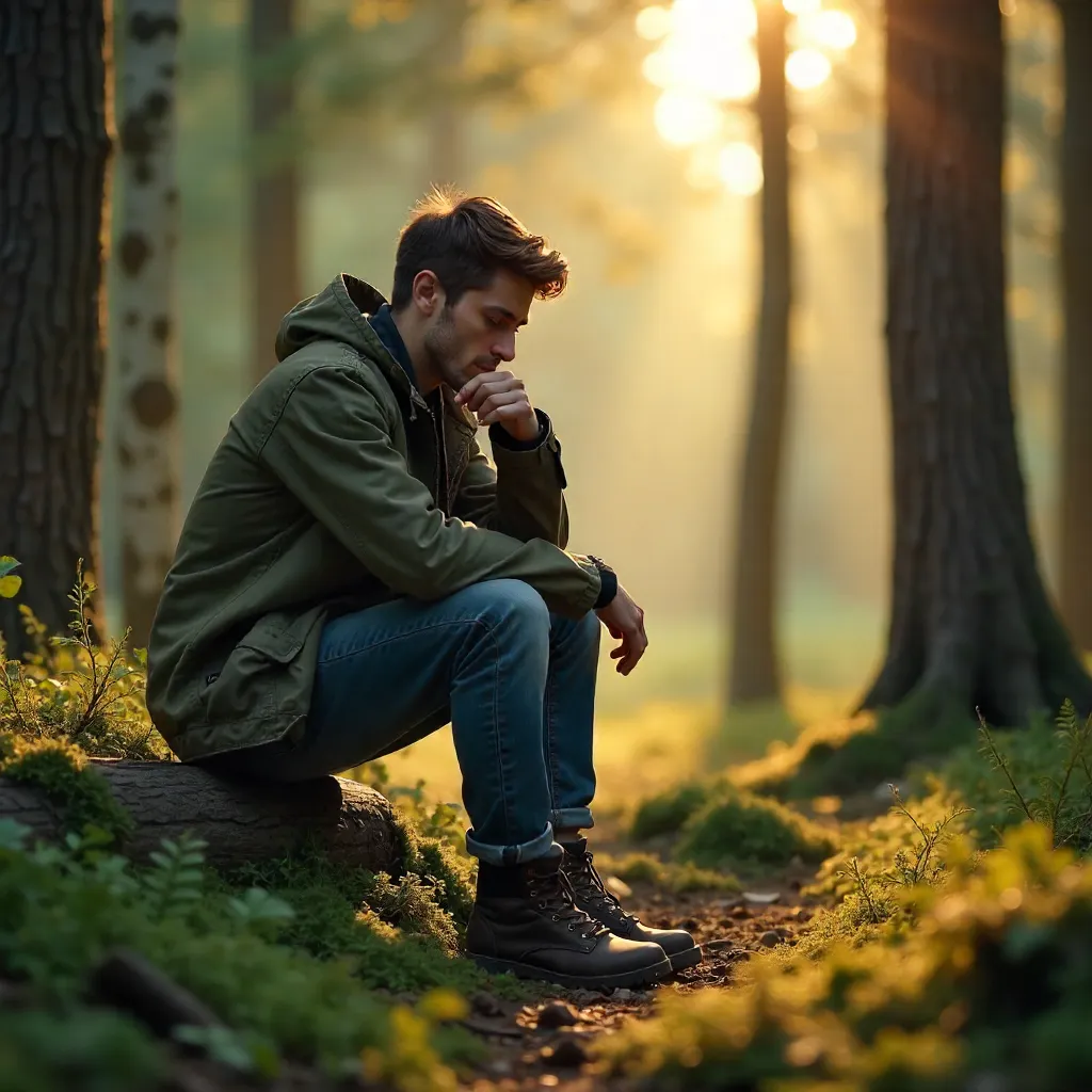 Sunlit Forest Contemplative Youth in a Jacket