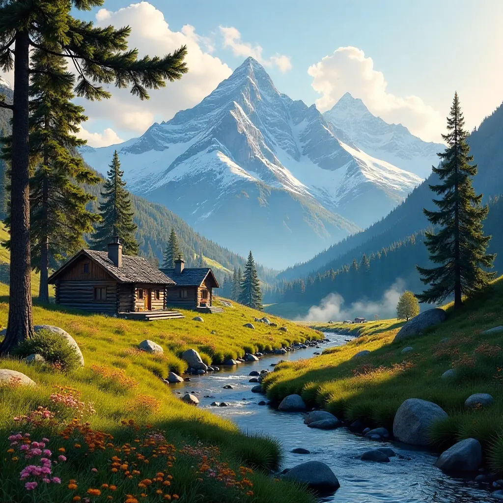 Idyllic Alpine Cabins Beneath Snowy Peaks
