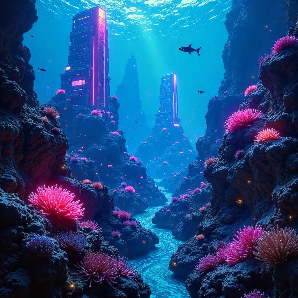 Neon Coral Reef on an Alien Cyberpunk Planet