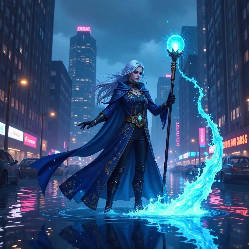 Anime Wizard in a Flooded Neon City