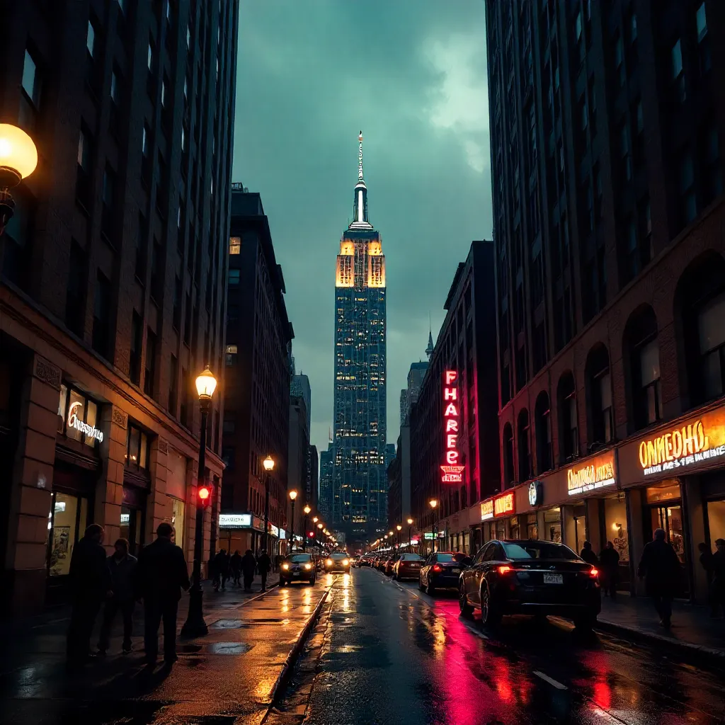 From Below: Empire State Building under Cloudy Evening Sky