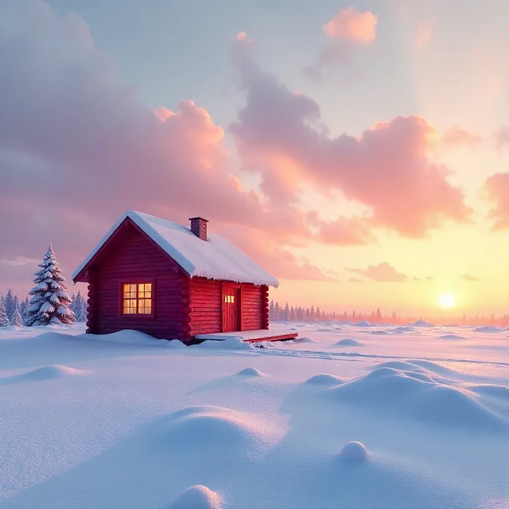Solitary Red Cabin at Sunrise in Snow