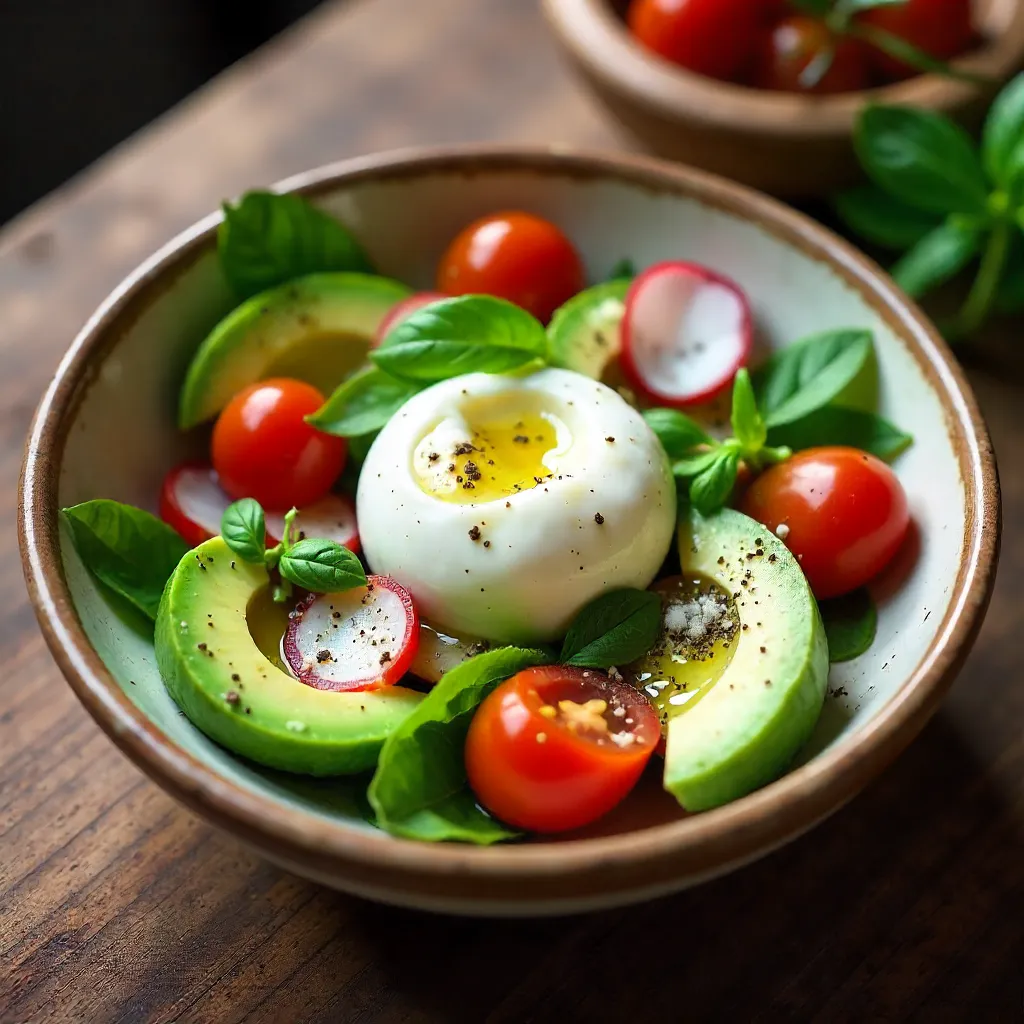 Fresh Burrata Salad in a Ceramic Bowl