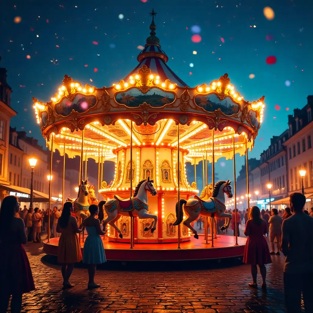Luminous Night Carousel Amid a Joyful Festival Crowd