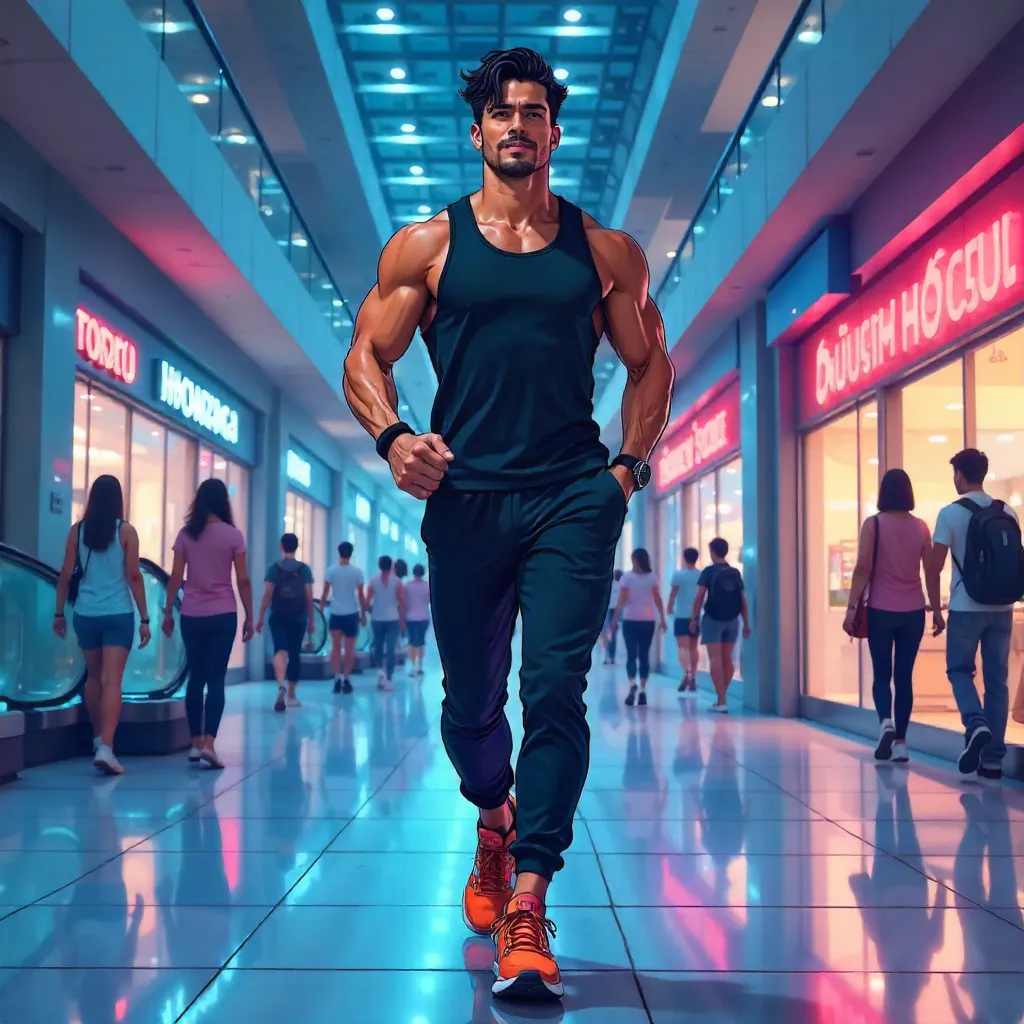 Athletic Latino Man in an Anime Mall Scene