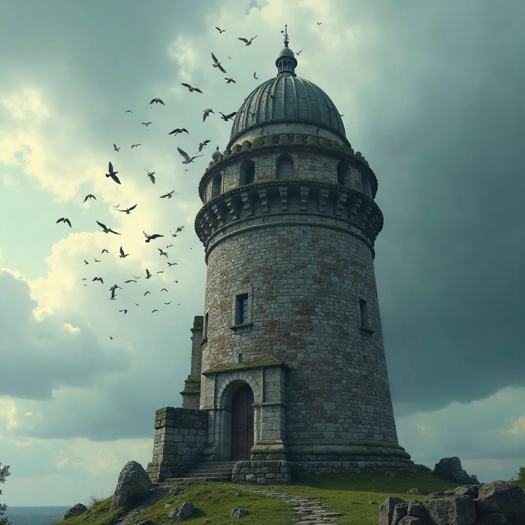 Historic Stone Tower with Dome and Birds in Clouds