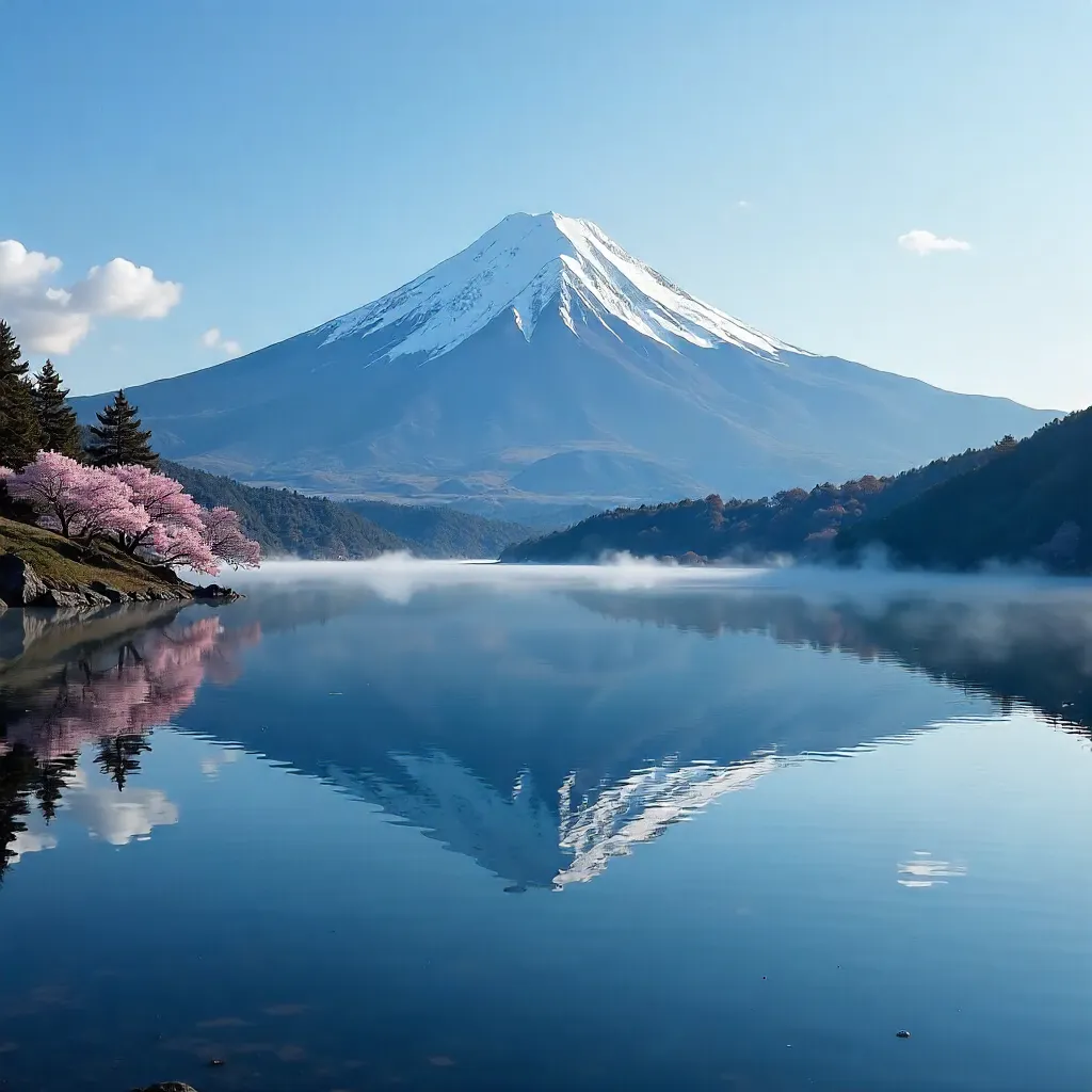 Mirror-Like Fuji Reflected in a Calm Lake