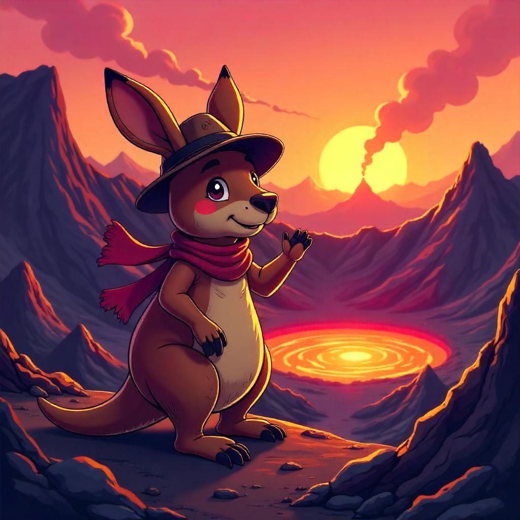 Cheerful Cartoon Kangaroo in a Volcanic Crater
