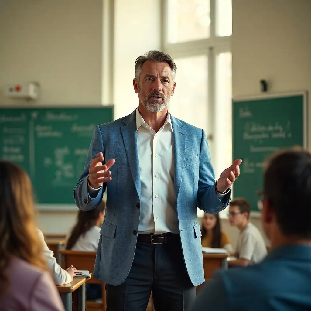 Confident White Teacher in a Modern Classroom
