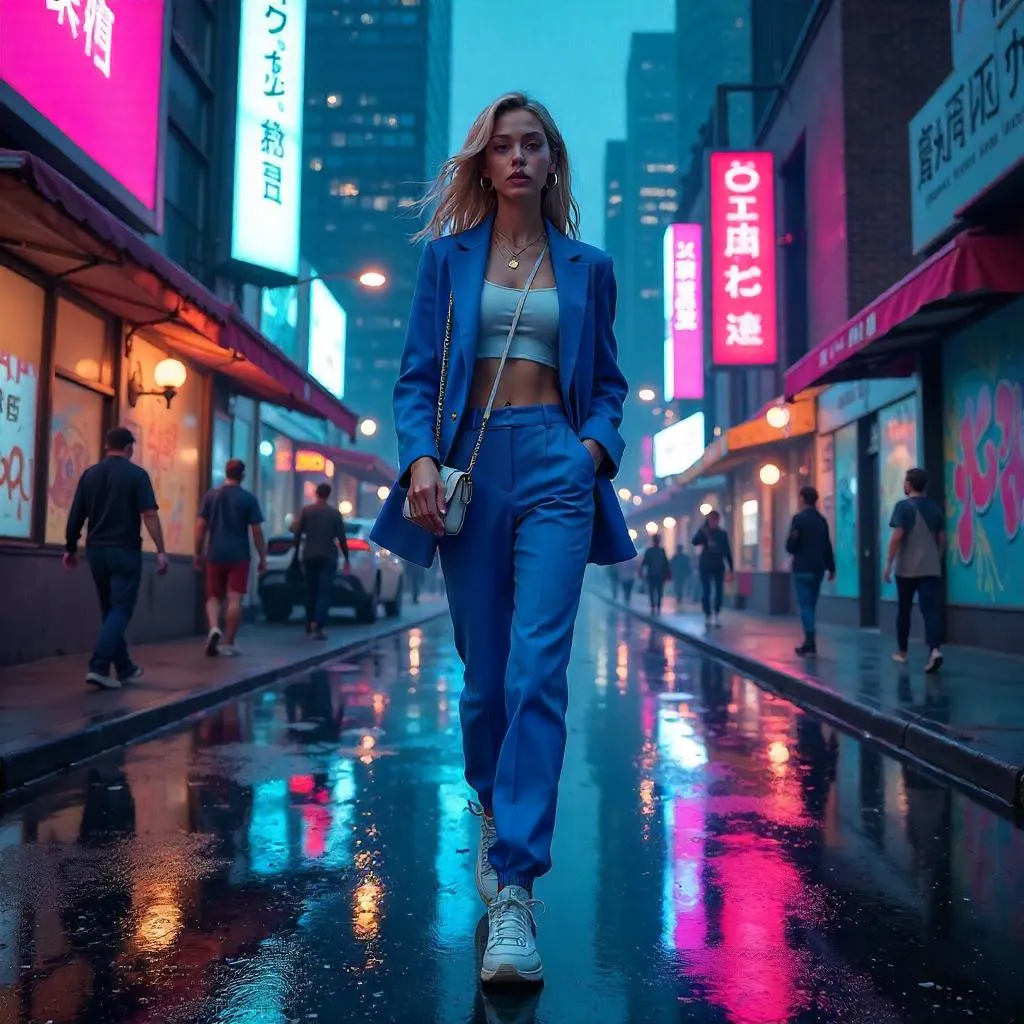 Neon Street Chic: A Stylish White Woman in the City