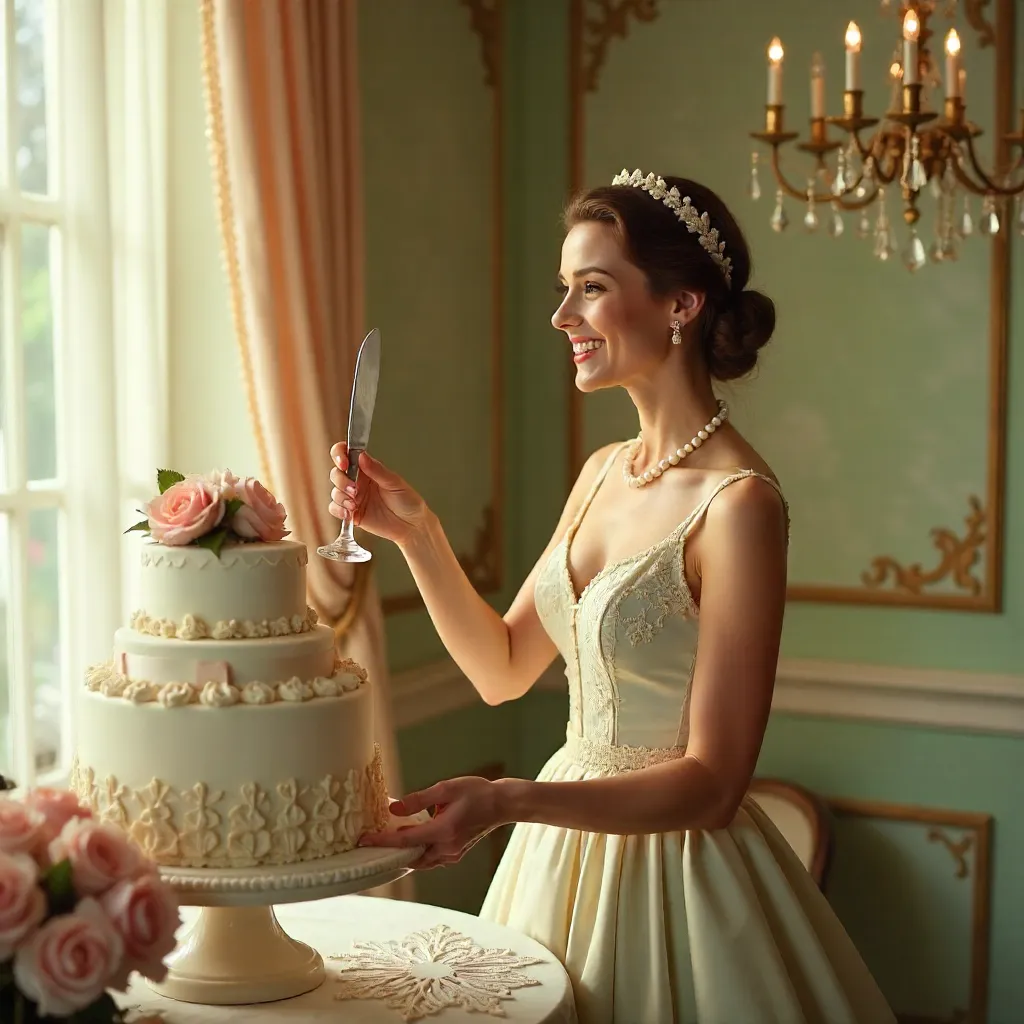 Vintage-Dressed Woman Celebrates with Cake and Flowers