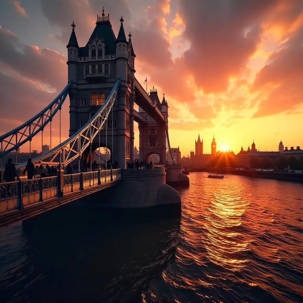Silhouetted Walkers on Tower Bridge at Sunset