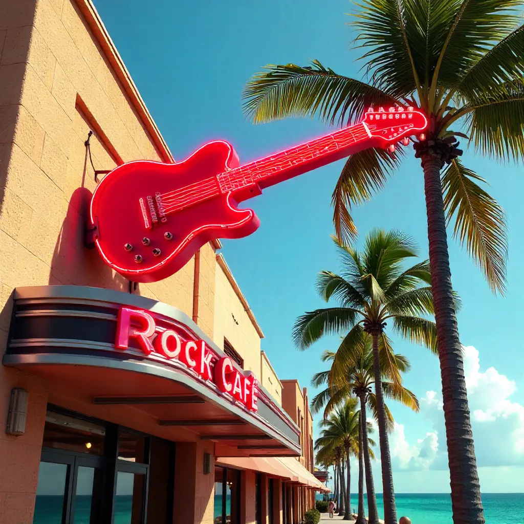 Bright Red Guitar Sign at Tropical Rock Café