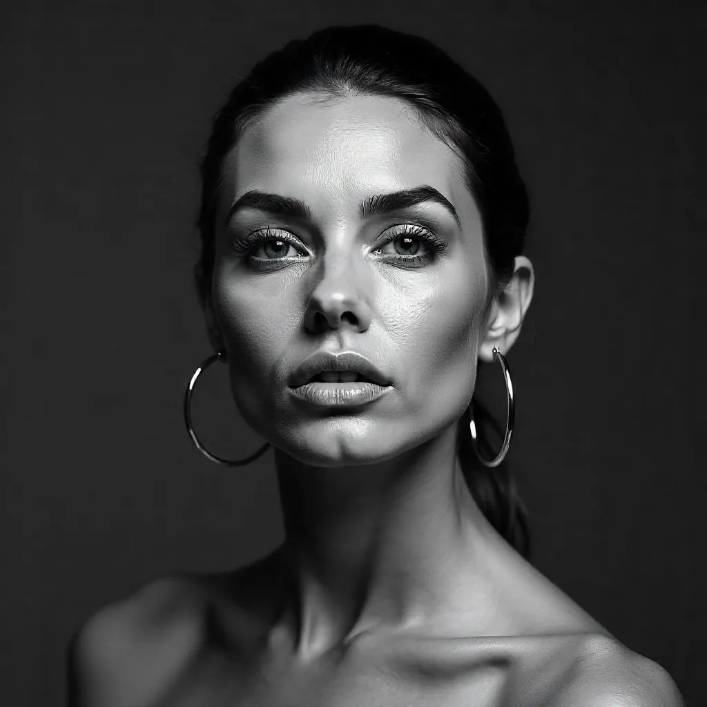 Bold BW Portrait: Confident Woman with Hoops