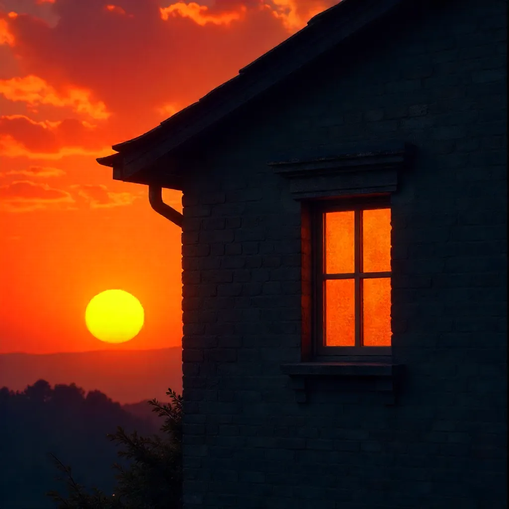 Orange Sunset Over Dark Facade with One Lit Window