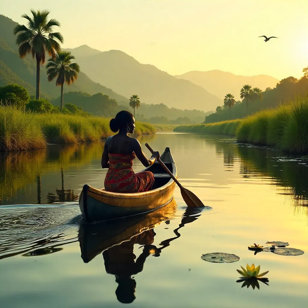 Tranquil Reflections: An African Woman in a Canoe