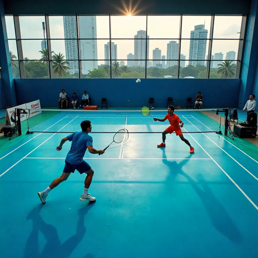 Aerial duel on a blue Jakarta badminton court
