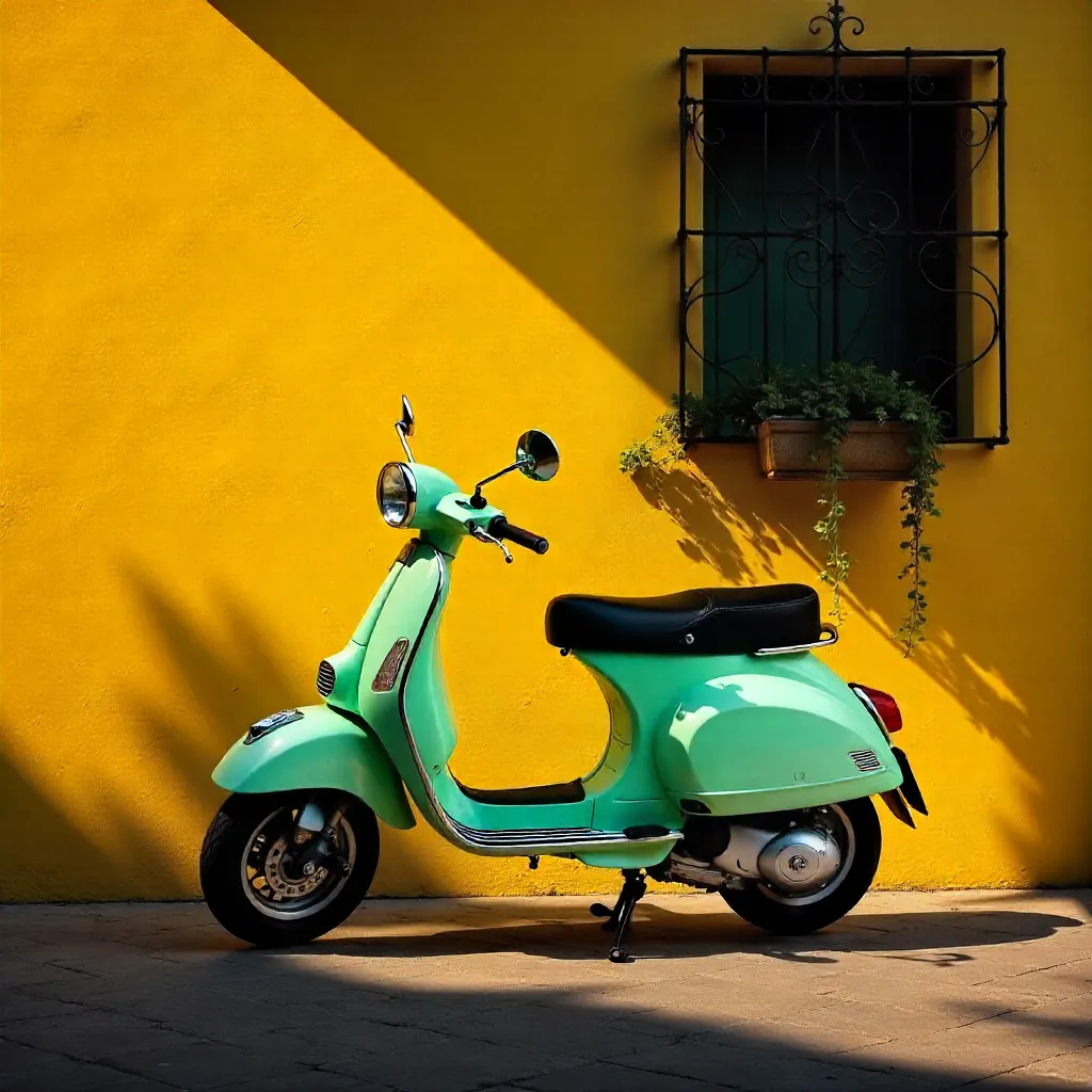 Mint Green Scooter by a Sunny Yellow Wall