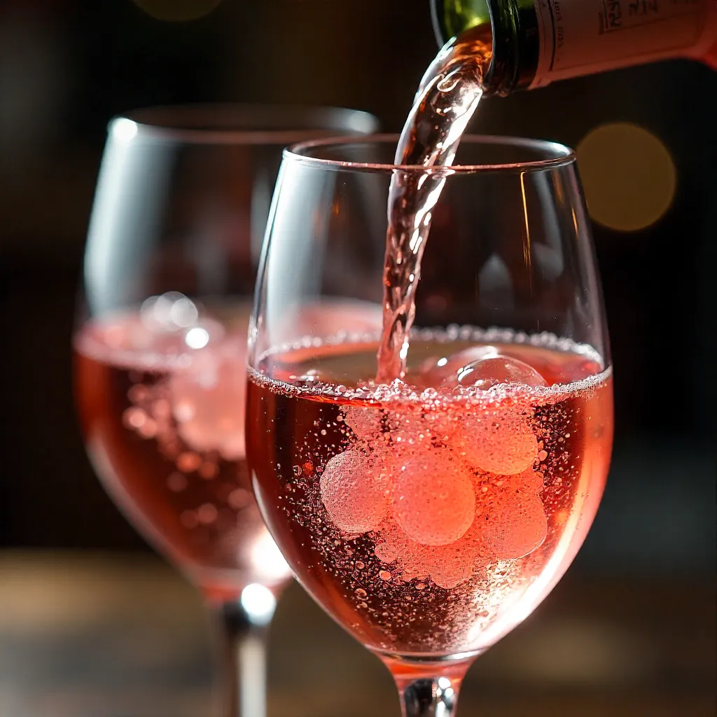 Macro Close-Up: Rosé Pour with Bubbles and Reflections