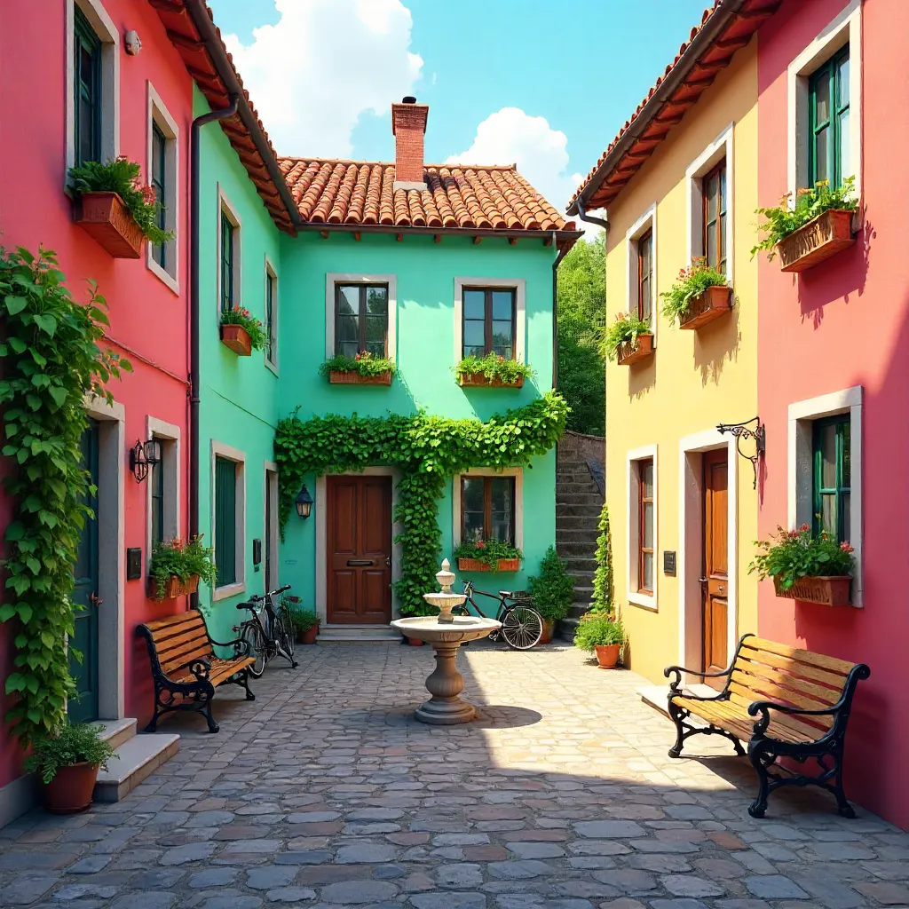 A Peaceful Courtyard with Colorful Buildings and Bicycles