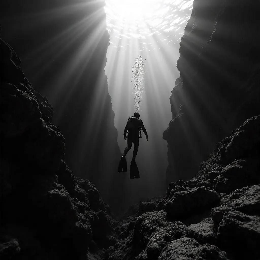 Descent into the Deep: Lone Diver in Monochrome