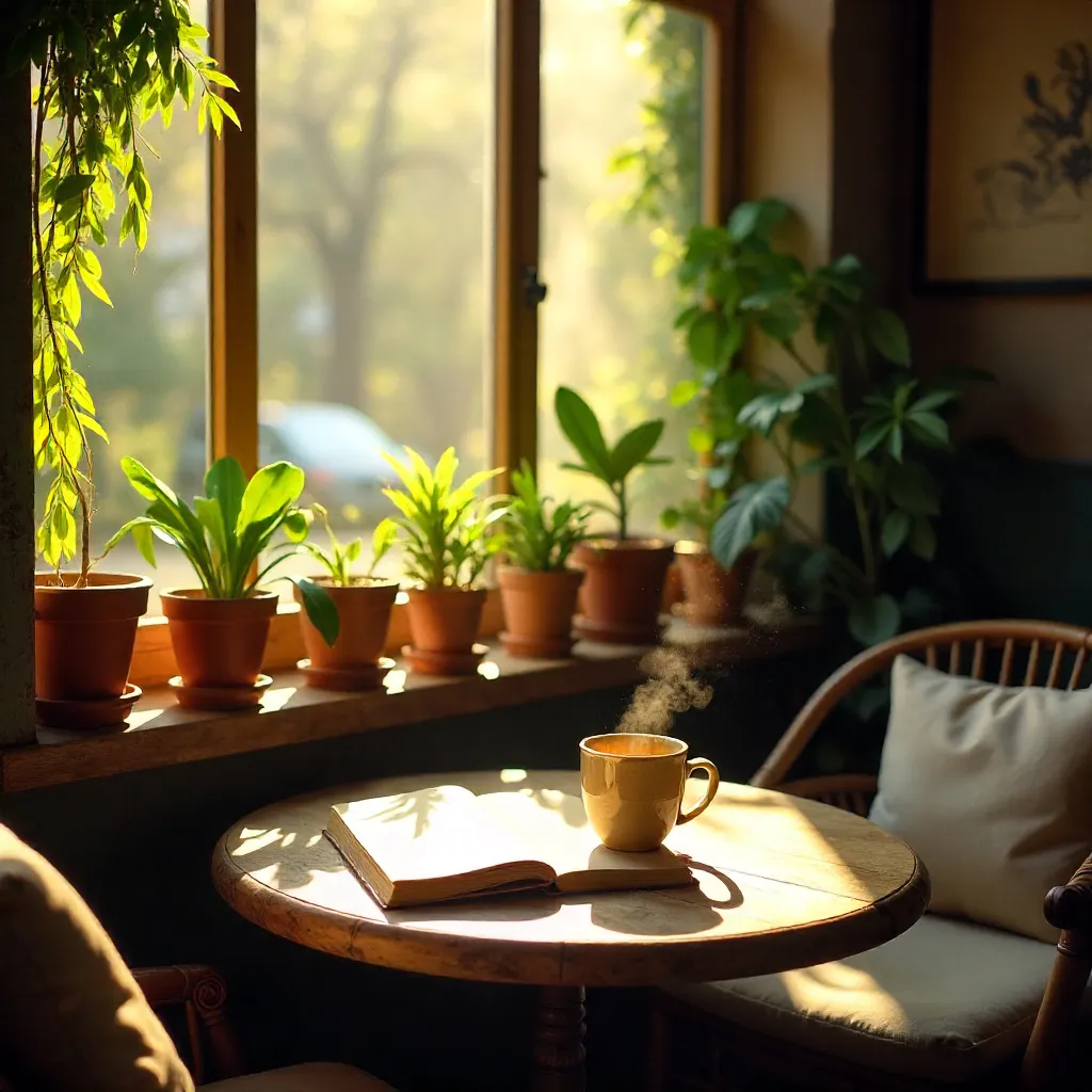 Golden Afternoon Light in a Cozy Café Corner