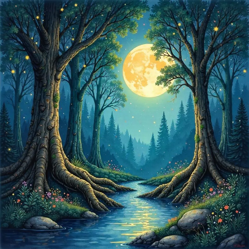 Constellations Over a Mystic Watercolor Forest