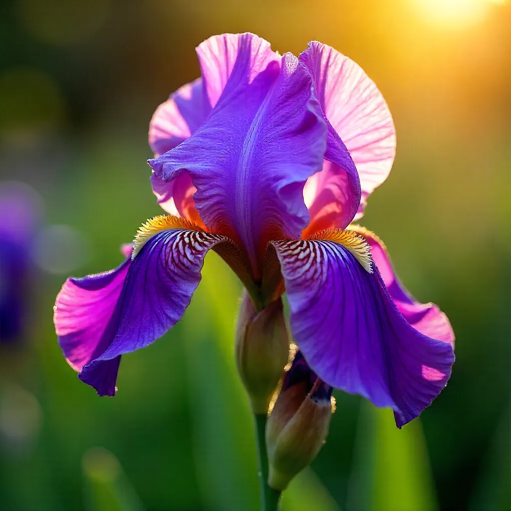 Sunlit Macro of Purple Iris Blossoms
