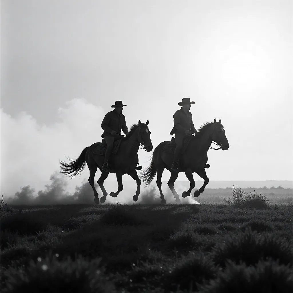 Galloping Duo in Misty Plains – Black and White