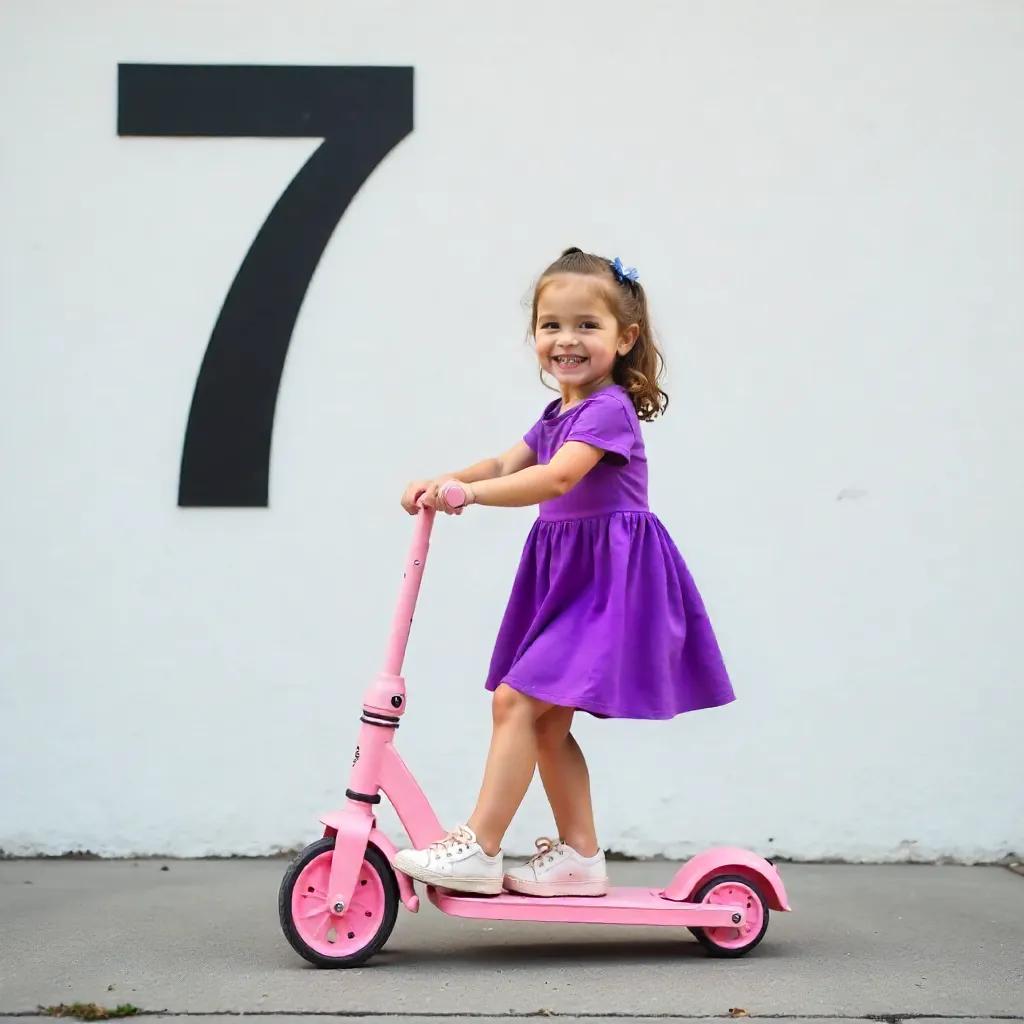 Happy Child in Purple Dress on Pink Scooter by Wall 7