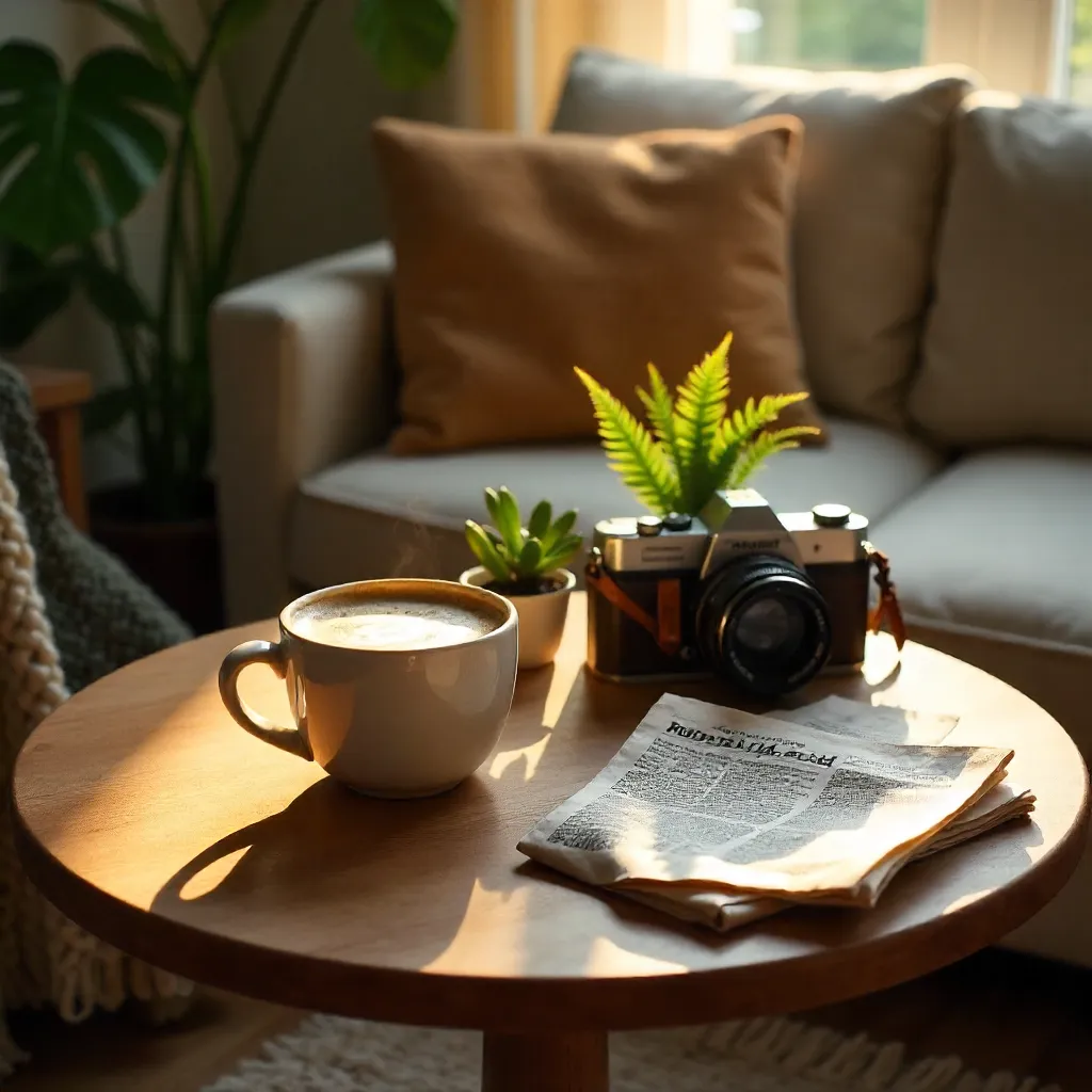 Cozy Round Table Still Life: Latte, Camera & Plants