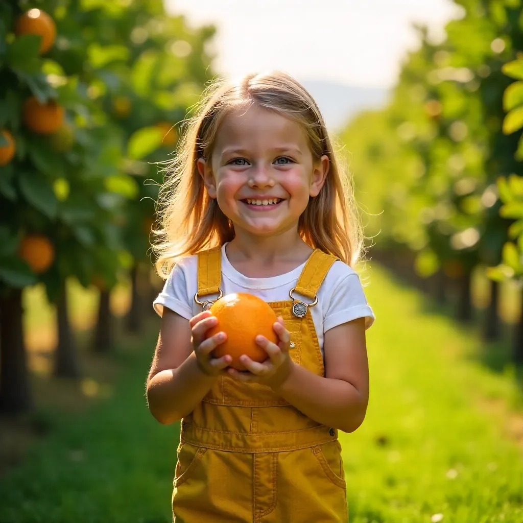 Sunny Child in Yellow Overalls in a Green Orange Orchard